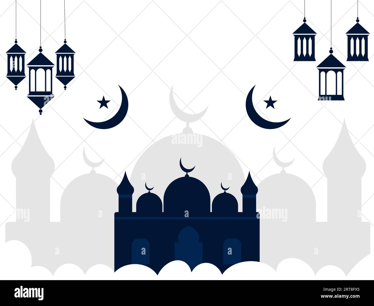 Sfondo islamico con Moschea Crescent Moon e Lanterna. Il Ramadan kareem celebra lo striscione islamico del festival. Ramadan Mubarak religioso islamico Greeti Illustrazione Vettoriale
