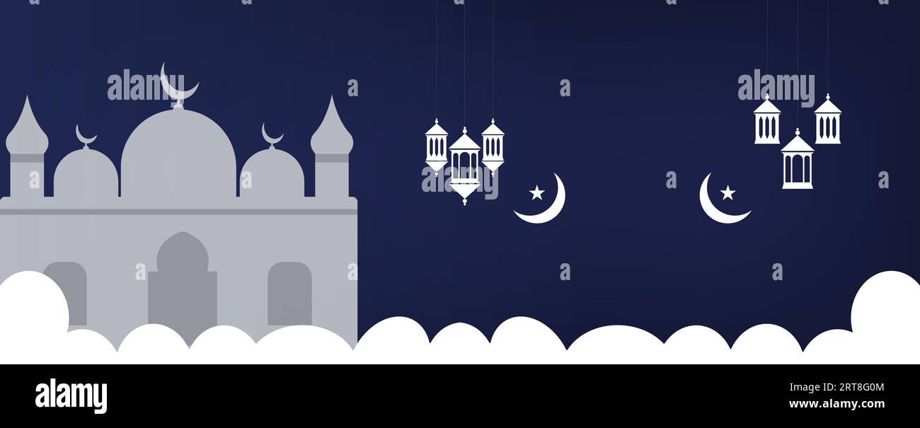 Sfondo islamico con Moschea Crescent Moon e Lanterna. Il Ramadan kareem celebra lo striscione islamico del festival. Ramadan Mubarak religioso islamico Greeti Illustrazione Vettoriale