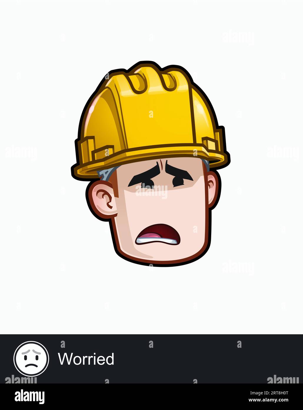 Icona di una faccia di un operaio edile con un'espressione emotiva preoccupata. Tutti gli elementi sono ordinati su livelli e gruppi ben descritti. Illustrazione Vettoriale