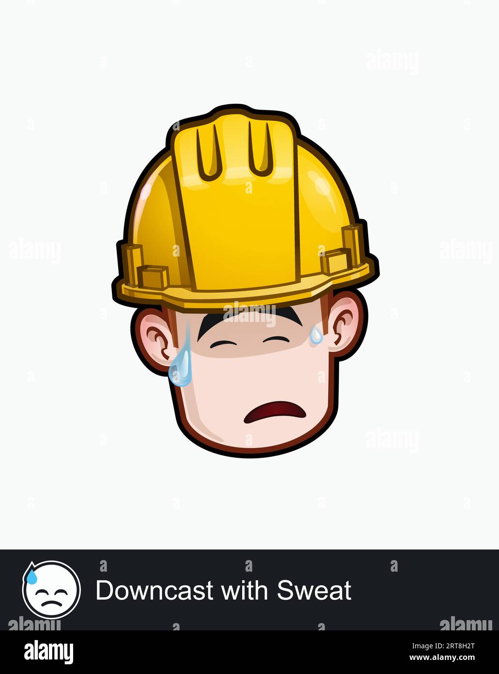 Icona del volto di un operaio edile con Downcast con un'espressione emotiva sudore. Tutti gli elementi sono ordinati su livelli e gruppi ben descritti. Illustrazione Vettoriale