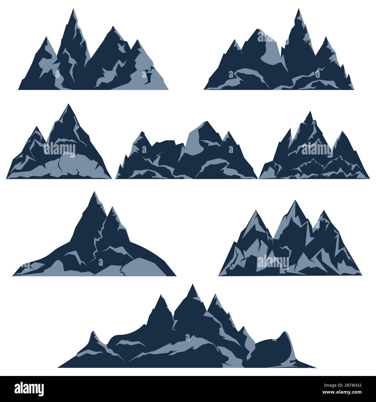 Set vettoriale Rock Mountains. Vette rocciose di montagna di forme diverse sagome piatte dei cartoni animati Illustrazione Vettoriale