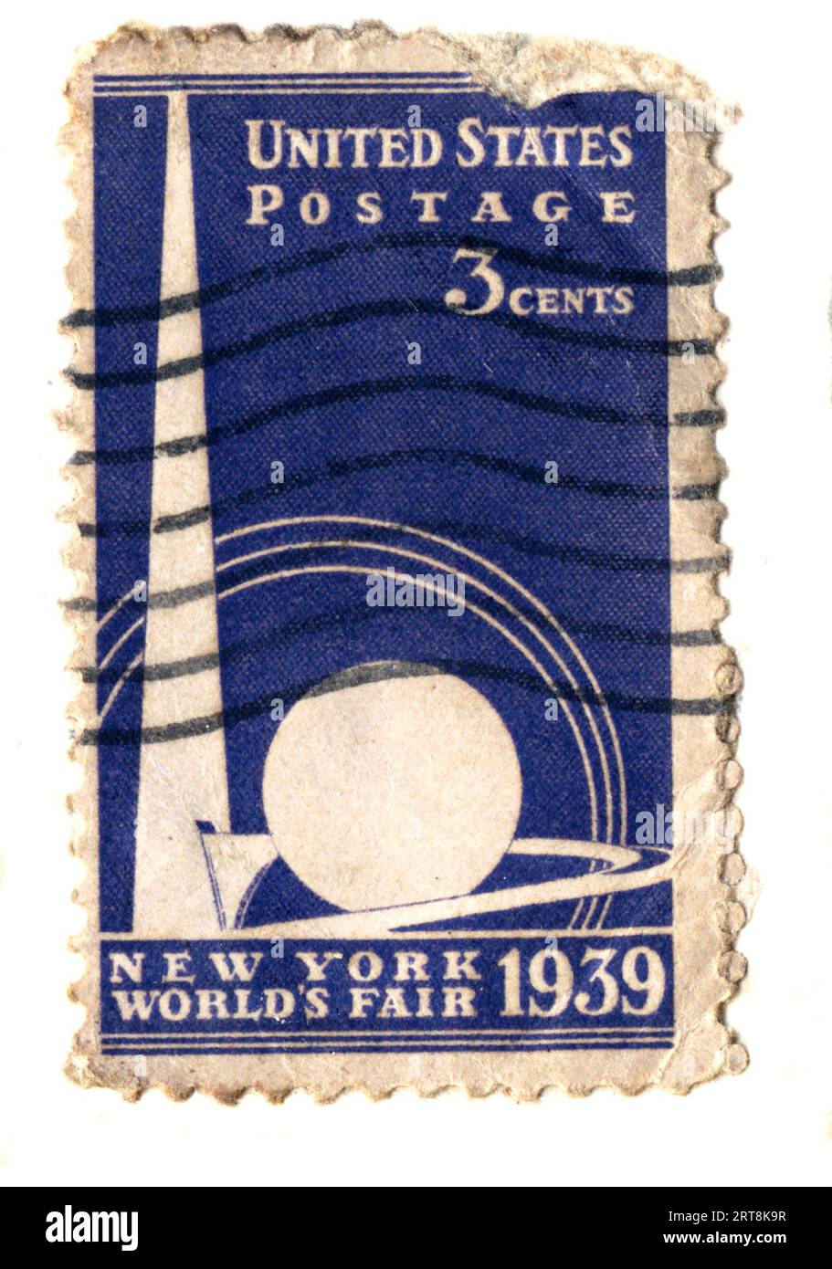 Un francobollo statunitense da tre centesimi cancellato per commemorare la fiera mondiale di New York del 1939 Foto Stock