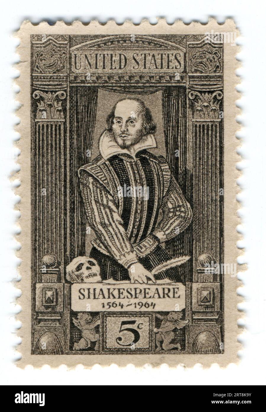Un francobollo statunitense da cinque centesimi in onore di William Shakespeare emesso dallo United States Postal Service nel 1964. Foto Stock