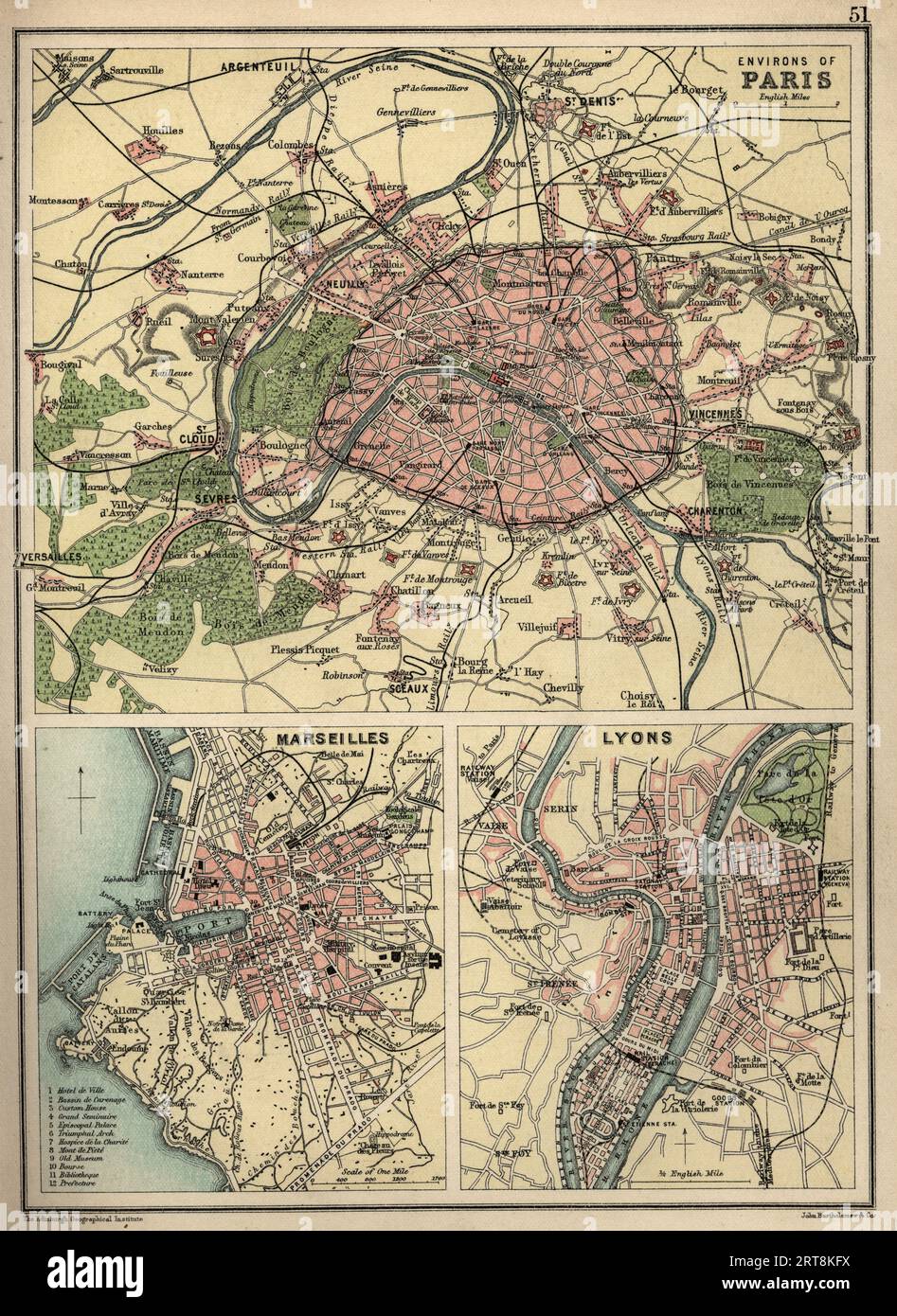 Antica mappa di Parigi, Marsiglia e Lione, Francia, anni '1890, XIX secolo Foto Stock