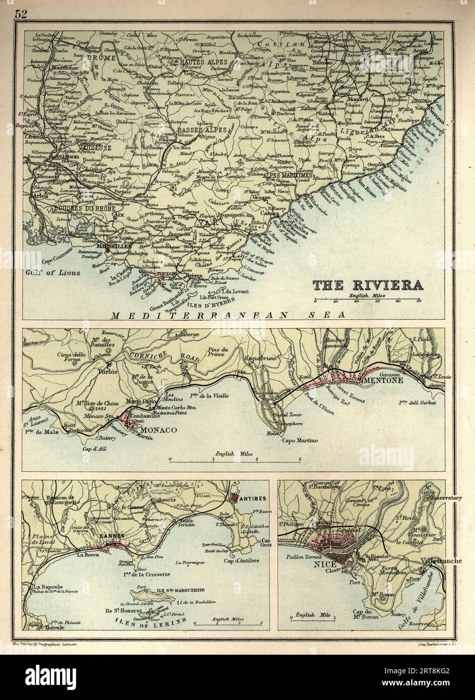 Mappa antica di Riviera, Monaco, Cannes e Nizza, Francia, anni '1890, XIX secolo Foto Stock