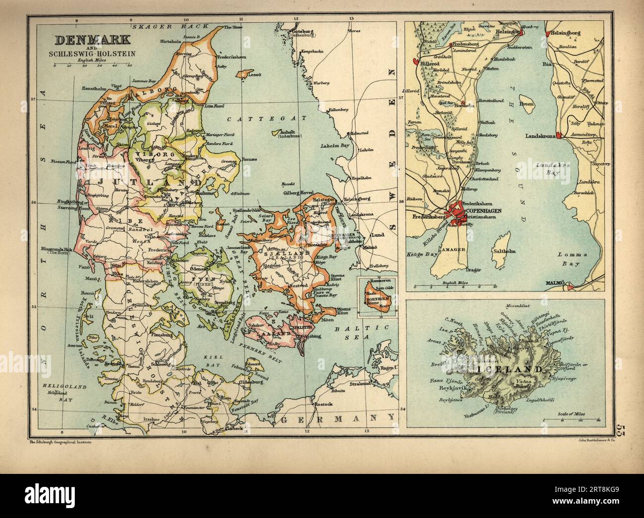 Antica mappa di Danimarca, Copenaghen e Islanda, XIX secolo Foto Stock