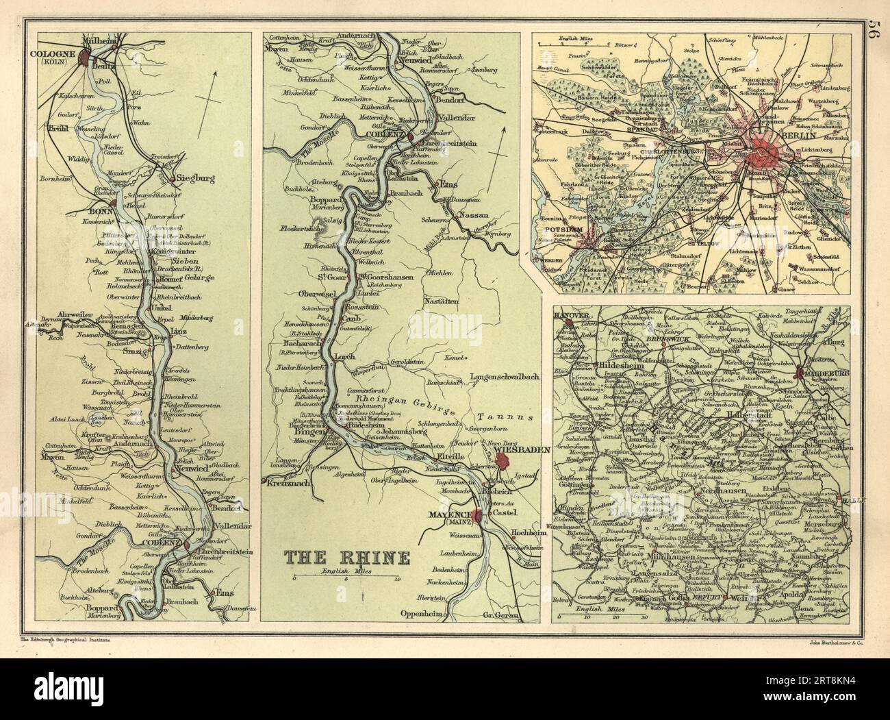 Mappa antica naturalmente del Reno, della Germania e dei dintorni di Berlino, XIX secolo Foto Stock
