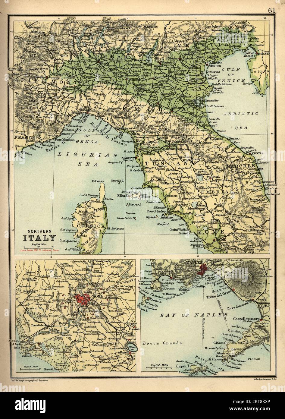Antica mappa del Nord Italia, Roma e Golfo di Napoli, XIX secolo, 1890 Foto Stock