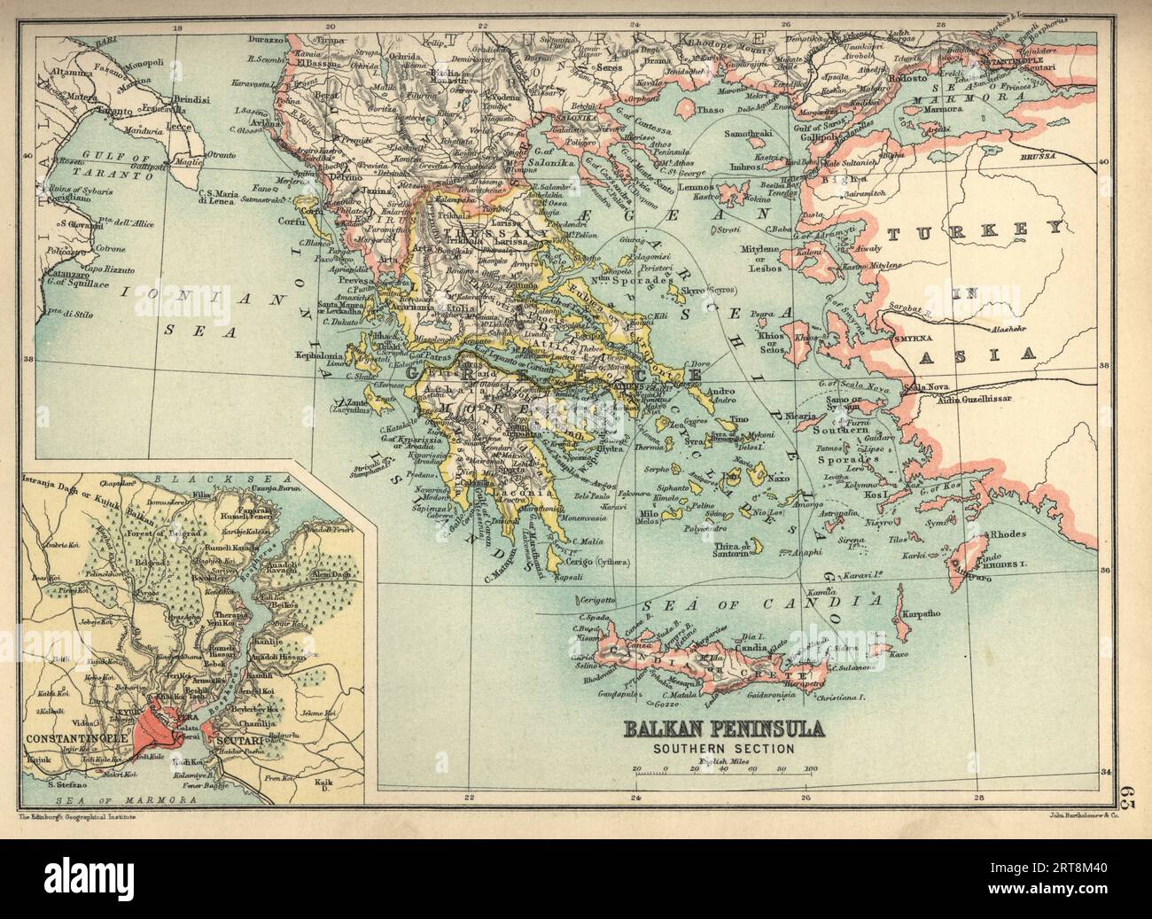 Carta antica della penisola balcanica, sezione meridionale, con dettagli sull'area circostante Costantinopoli, Grecia, Turchia, Creta, XIX secolo, anni '1890 Foto Stock