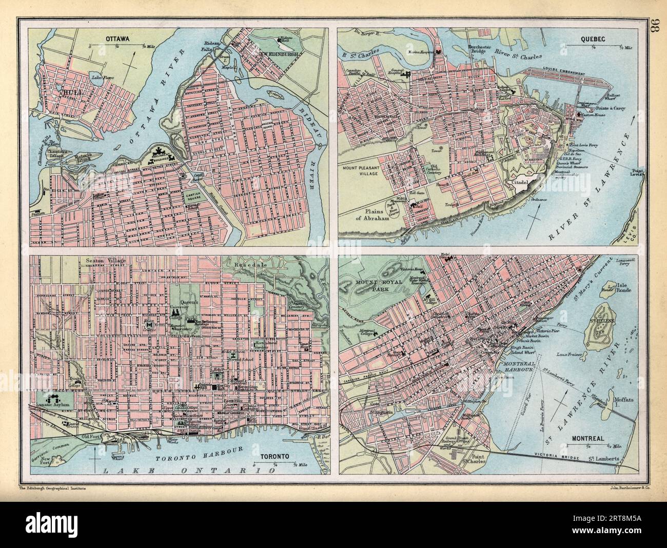 Illustrazione d'epoca Old Map di Ottawa, Quebec, Toronto e Montreal, Canada, anni '1890, XIX secolo Foto Stock