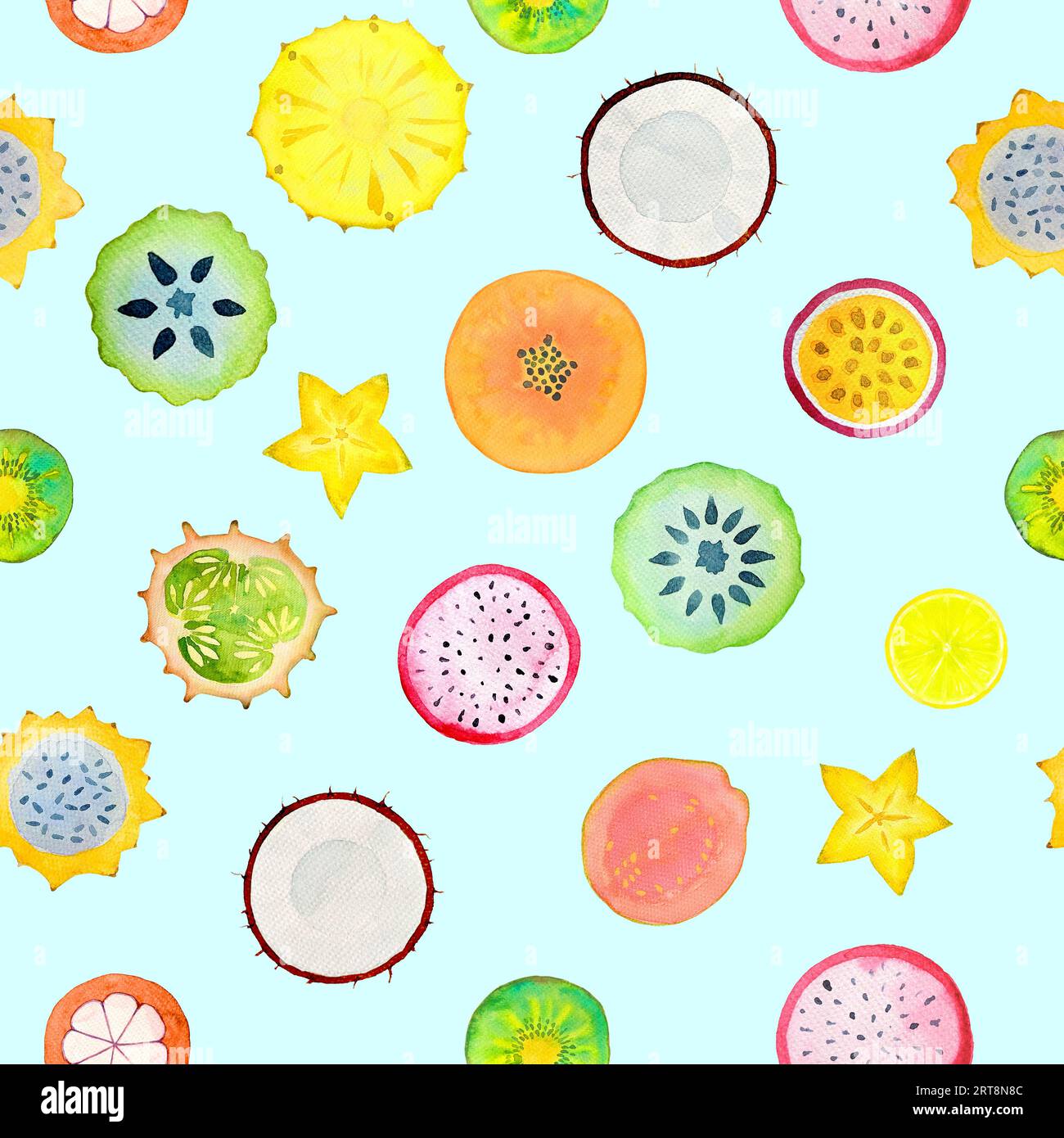 Modello senza cuciture con fette di frutta tropicale esotica. Acquerello disegno a mano isolato su sfondo bianco. Acquerello luminoso ornamento estivo Foto Stock