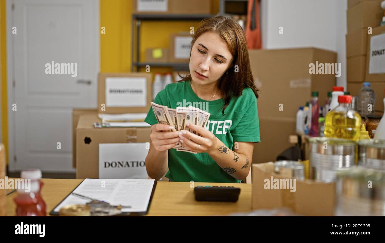 Giovane donna volontaria che conta dollari al centro di beneficenza Foto Stock