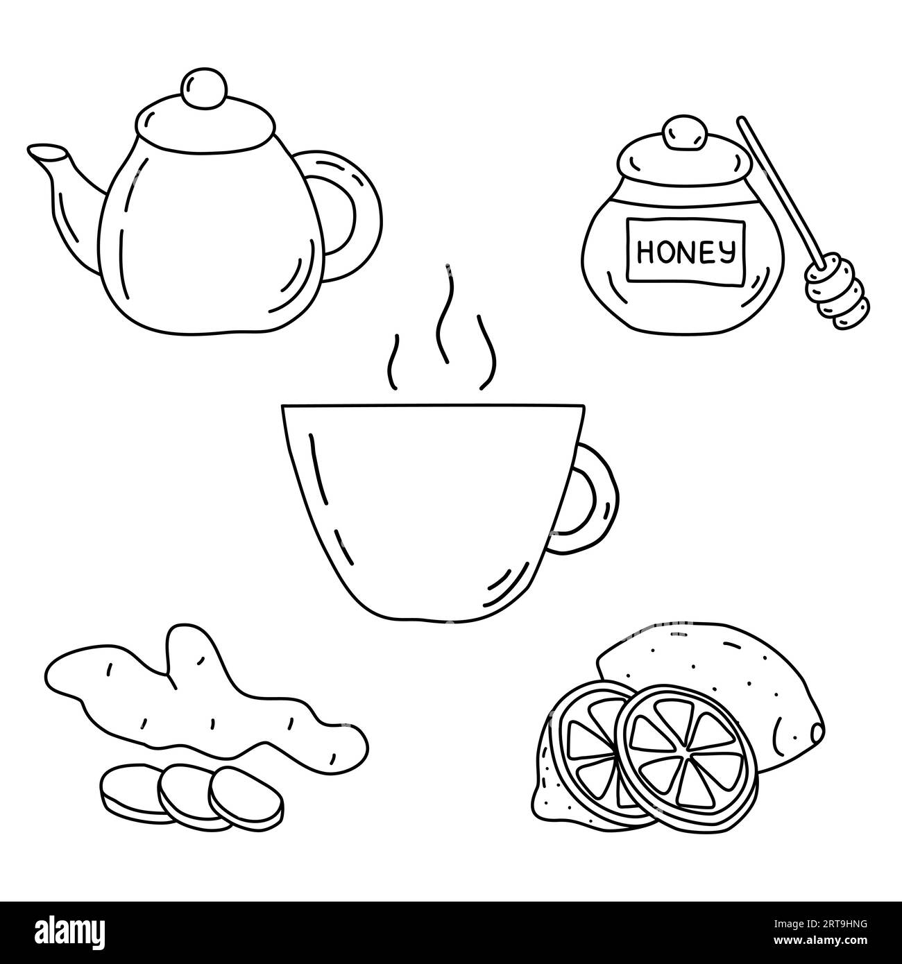 Tazza con limone, zenzero e miele, tè sano e ingredienti, tosse naturale e rimedi influenzali, illustrazione vettoriale piatto stile doodle per bambini libro da colorare Illustrazione Vettoriale