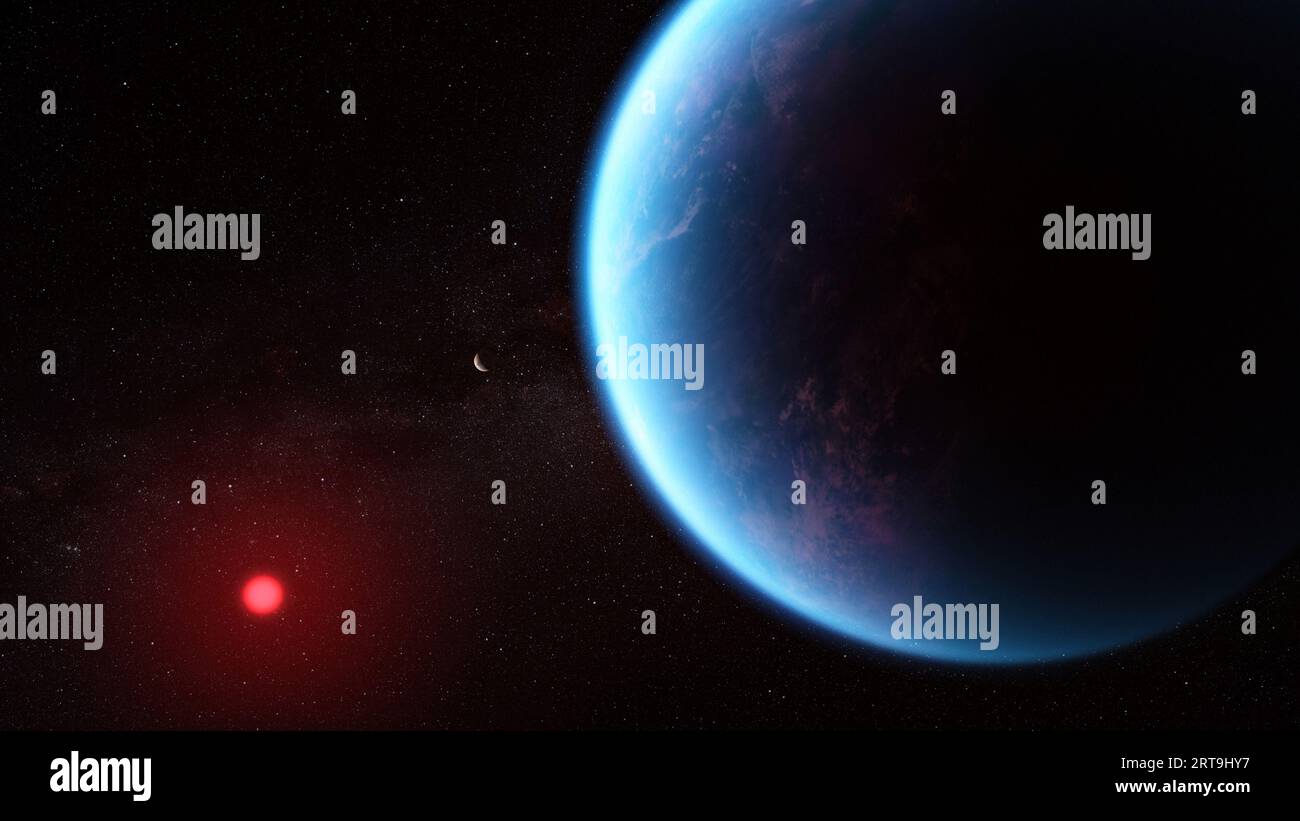 Il concetto di questo artista, pubblicato l'11 settembre 2023, mostra come potrebbe essere l'esopianeta K2-18 b sulla base dei dati scientifici. K2-18 b, un esopianeta 8,6 volte più massiccio della Terra, orbita attorno alla fredda stella nana K2-18 nella zona abitabile e si trova a 120 anni luce dalla Terra. Una nuova indagine con il James Webb Space Telescope della NASA su K2-18 b ha rivelato molecole portanti di carbonio, tra cui metano e anidride carbonica. L'abbondanza di metano e anidride carbonica, e la carenza di ammoniaca, sostengono l'ipotesi che ci possa essere un oceano d'acqua sotto un'atmosfera ricca di idrogeno nel K2-18 B. NASA/UPI Foto Stock