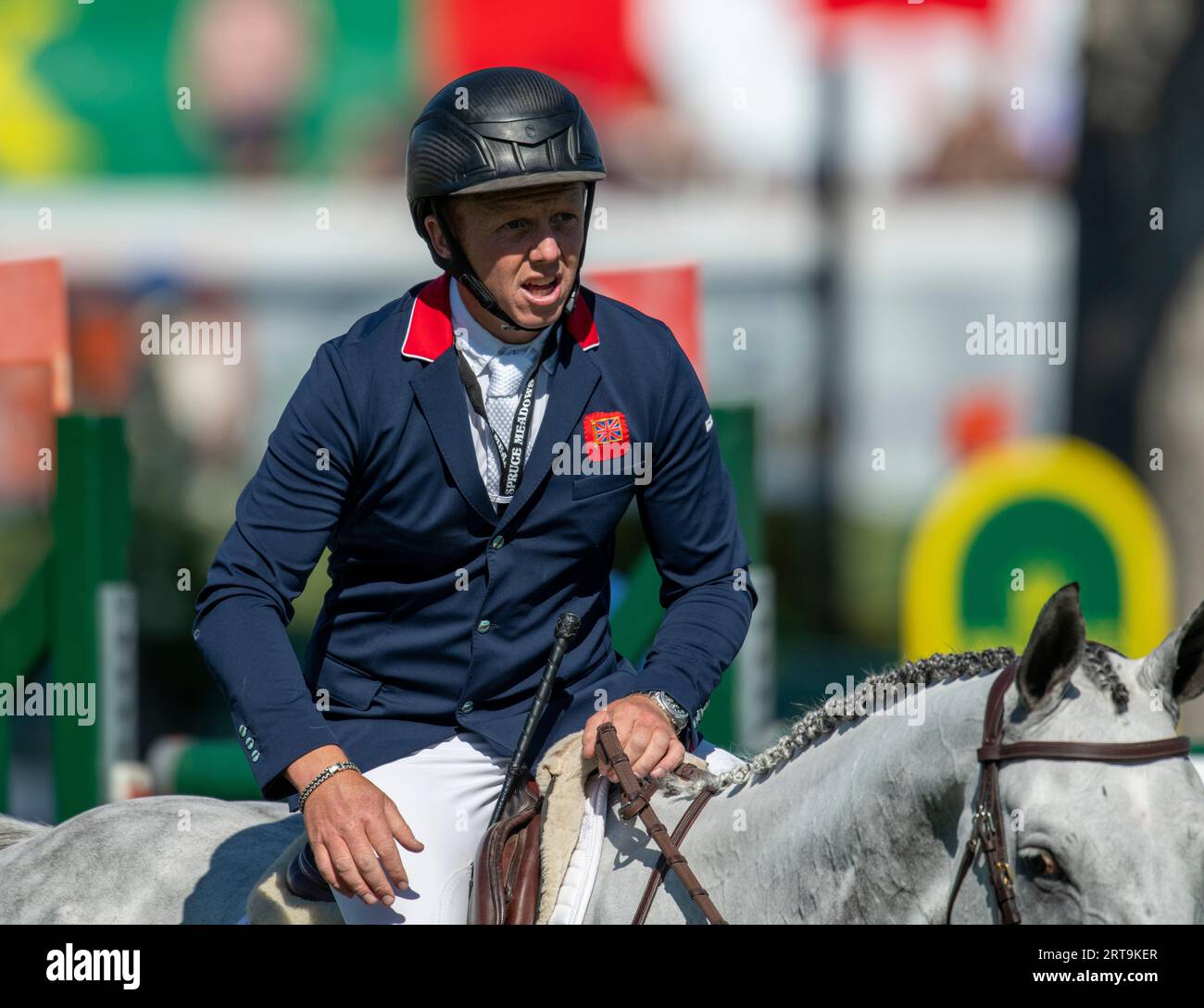 Calgary, Alberta, Canada, 9 settembre 2023. Matthew Sampson (GBR) in sella all'equino America Ivanhoe GPH, The Masters, Spruce Meadows - BMO Nations Cup, 1 Foto Stock
