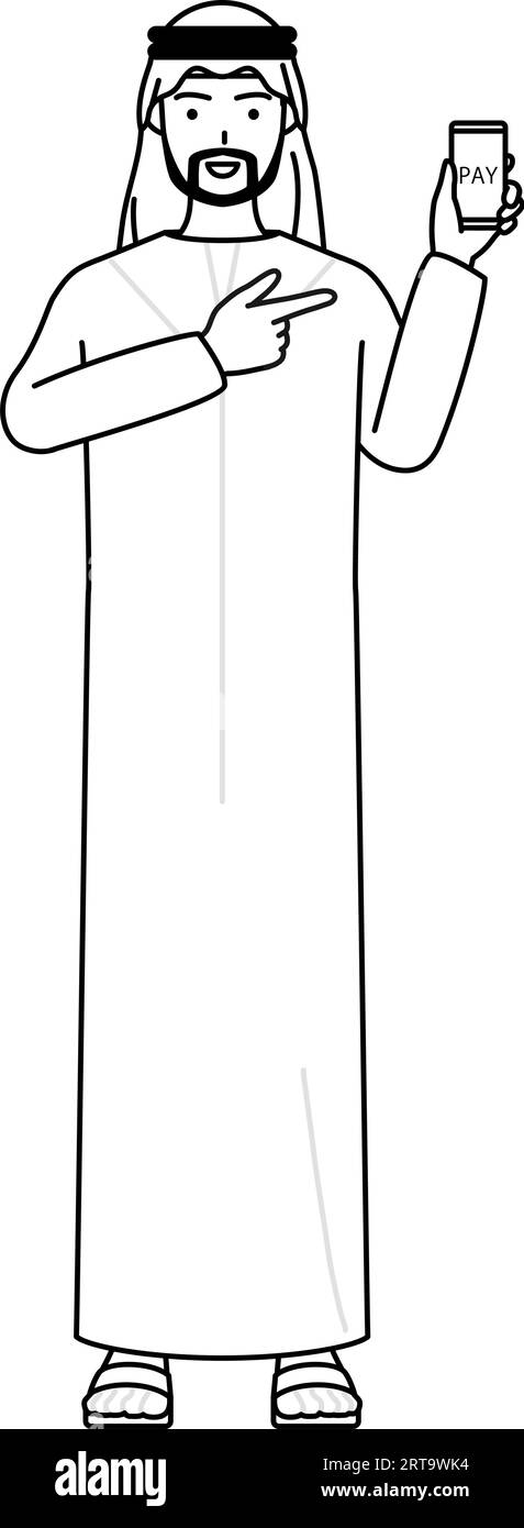 L'uomo musulmano raccomanda pagamenti online senza contanti su uno smartphone, Vector Illustration Illustrazione Vettoriale