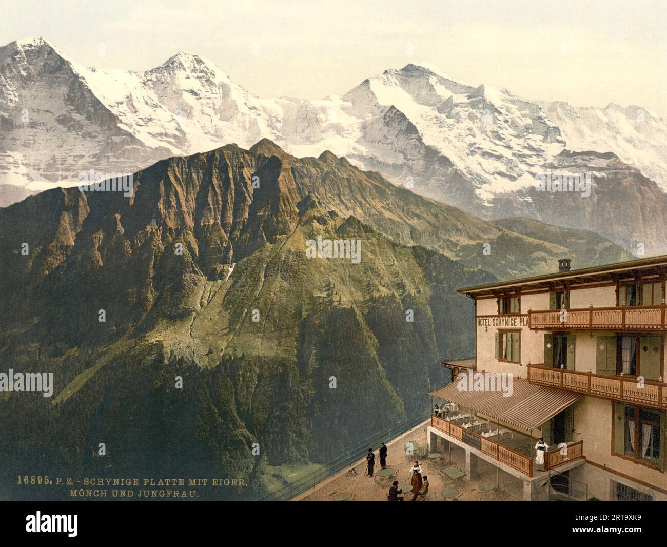 Schynige Platte, Eiger, Mönch e Jungfrau, Oberland Bernese, Berna, Svizzera 1890. Foto Stock