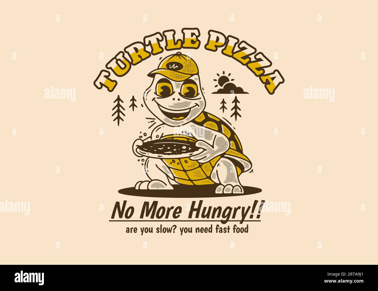 Pizza tartaruga, non più affamata, illustrazione del personaggio Mascot di una tartaruga che tiene una pizza Illustrazione Vettoriale
