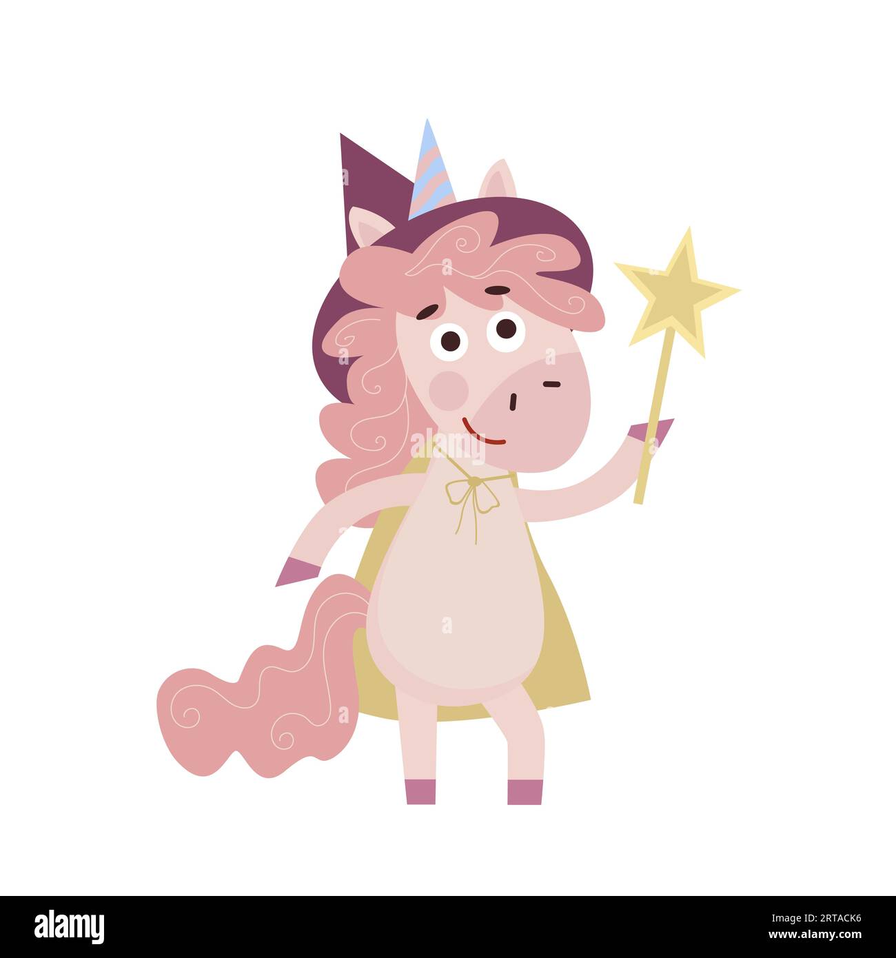 Divertente cartone animato bambino Unicorn. Felice unicorno con la bacchetta magica. Illustrazione vettoriale isolata Illustrazione Vettoriale