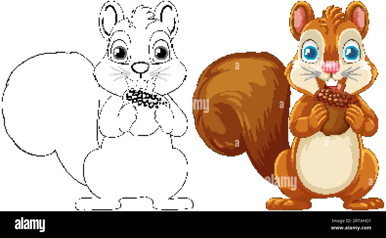 Un cartone animato raffigurante uno scoiattolo sorridente che regge una ghianda, isolato su bianco Illustrazione Vettoriale