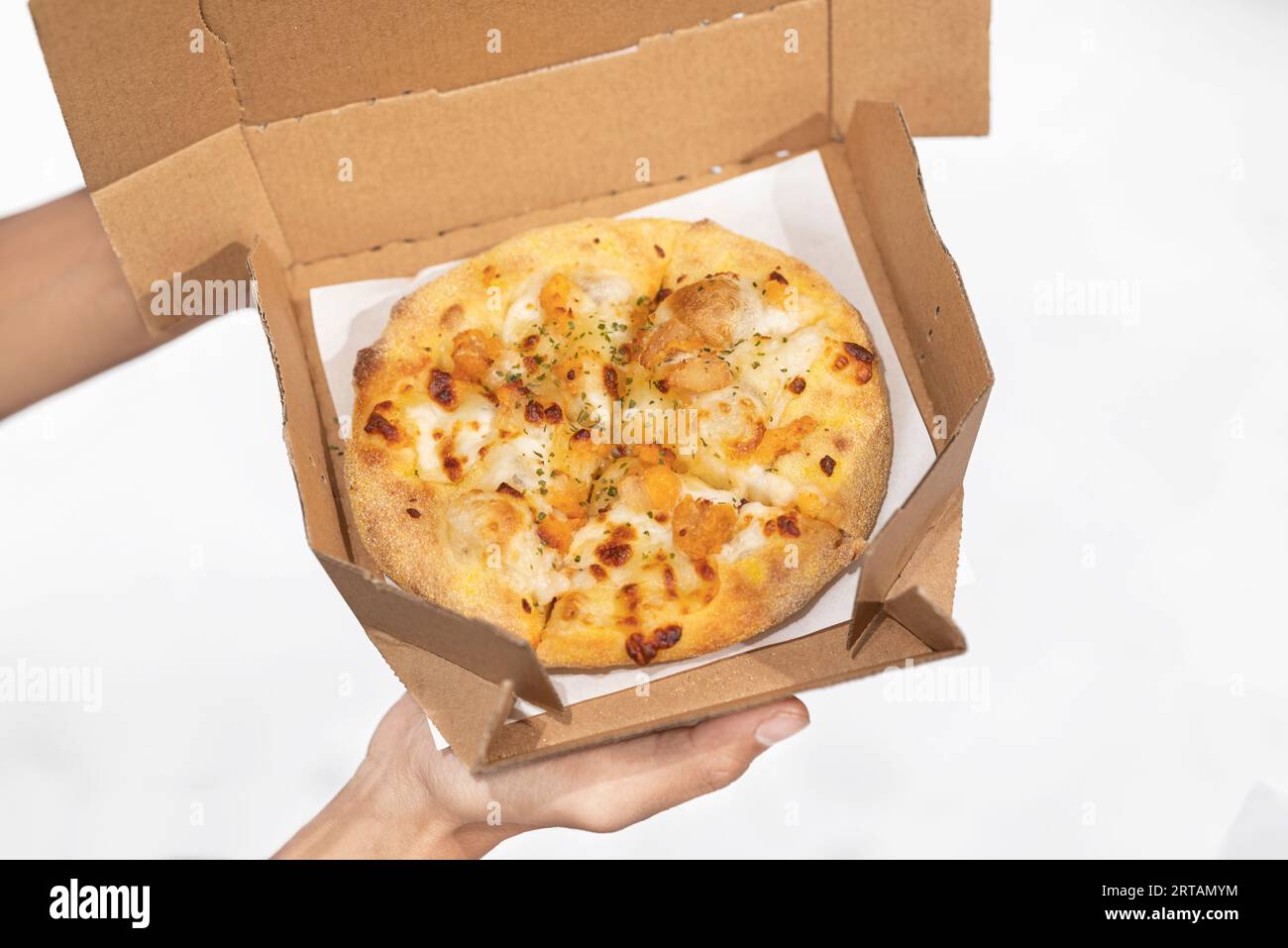 Una mano umana che tiene la pizza su una scatola di cartone con uno sfondo bianco Foto Stock