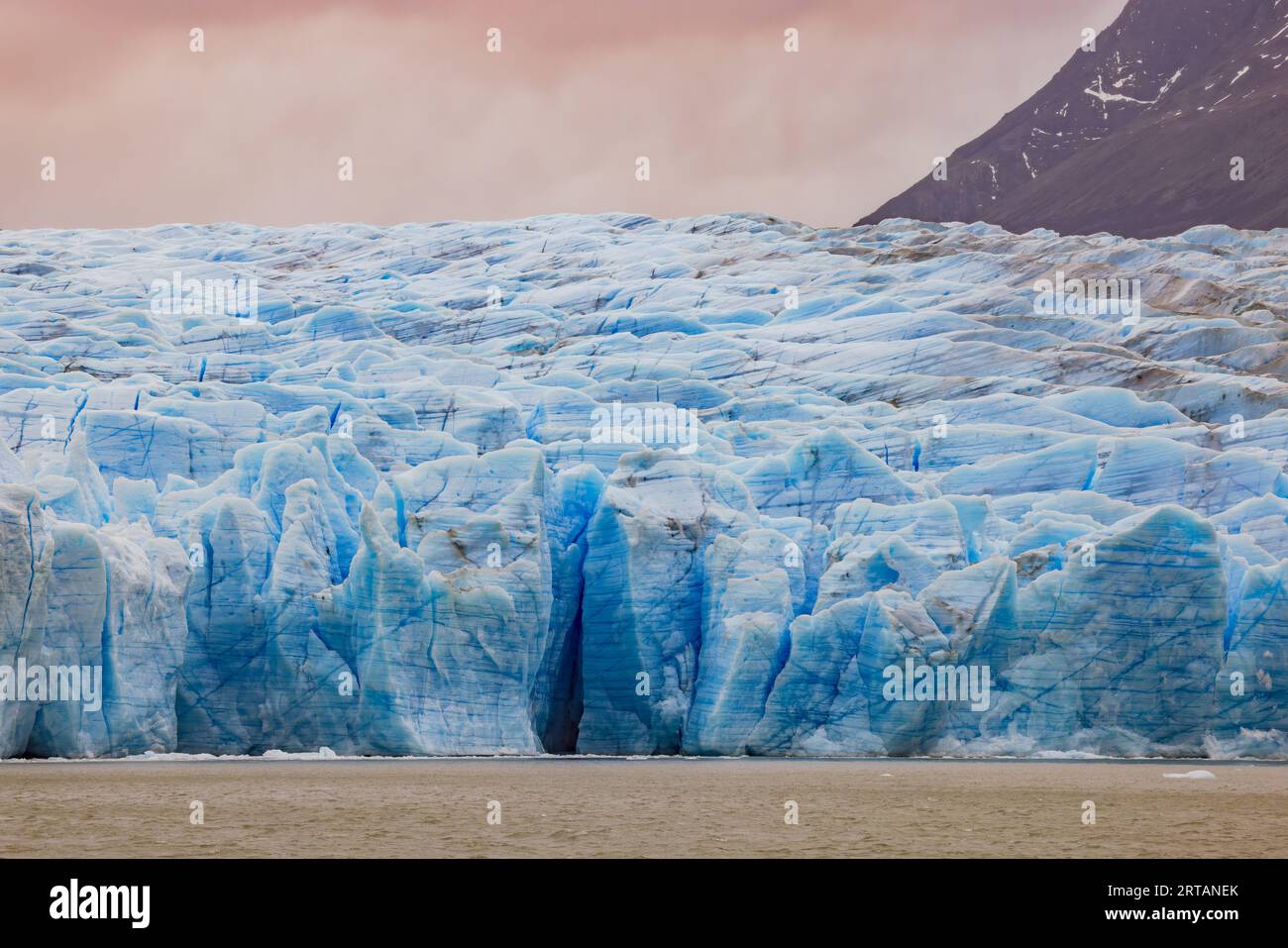 La parte anteriore del ghiacciaio Grigio con ghiaccio azzurro chiaro e crepe e fessure nella luce lunare, il Parco Nazionale Torres del Paine, il Cile, la Patagonia Foto Stock