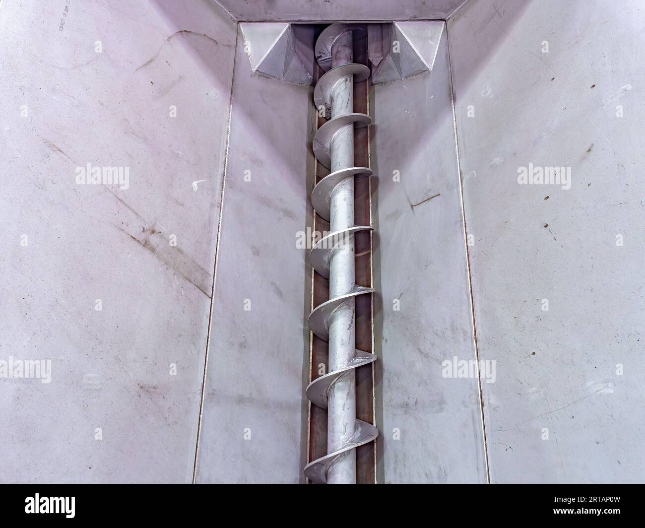 Trasportatore a vite in acciaio inox sul fondo del vassoio di alimentazione in un impianto di lavorazione industriale. Foto Stock