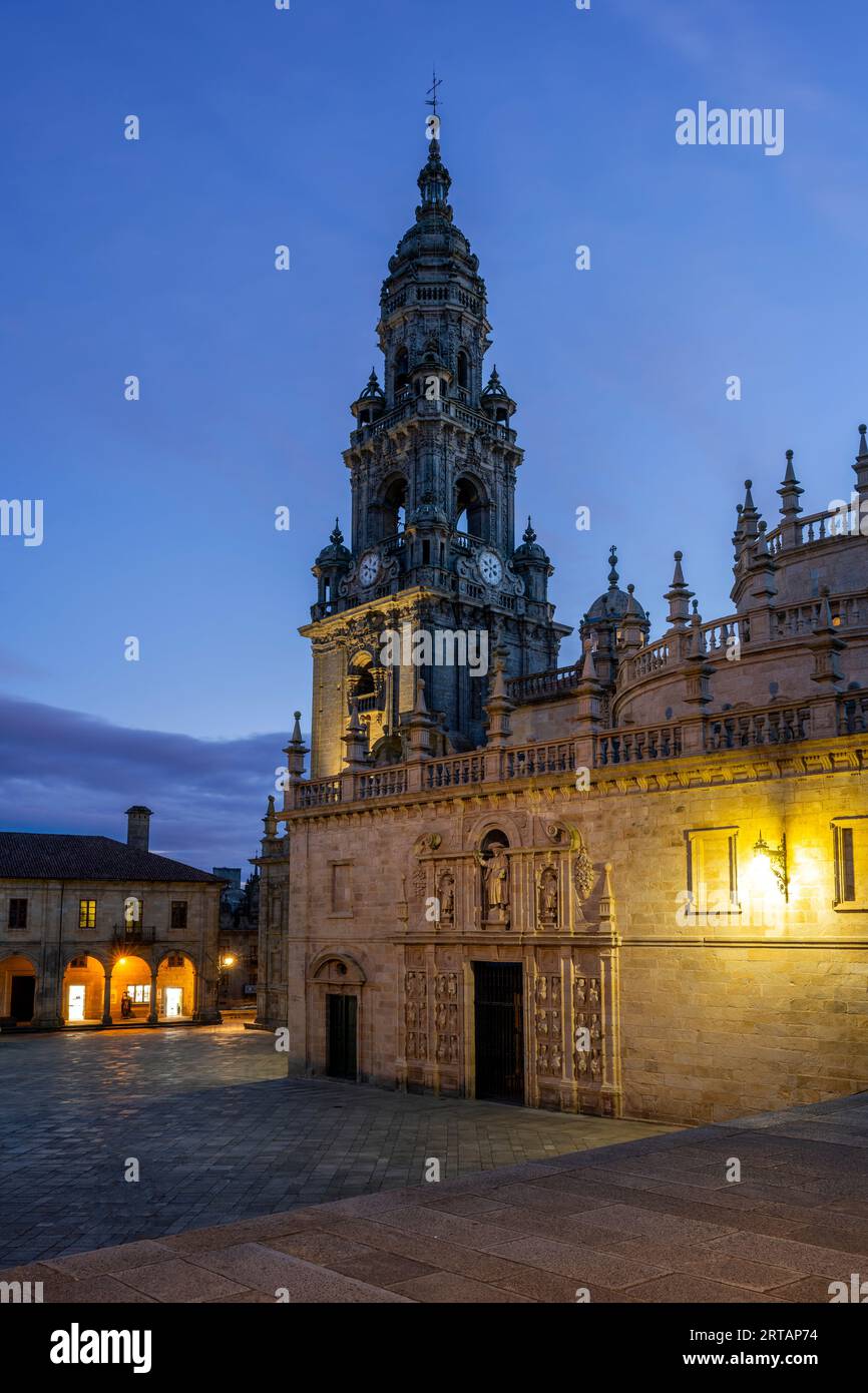 Torre dell'orologio, Cattedrale, Santiago di Compostela, Galizia, Spagna Foto Stock