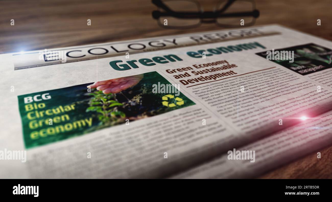 Green Economy bio circolare e quotidiano ecologico economico sul tavolo. Titoli notizie abstract Concept illustrazione 3D. Foto Stock