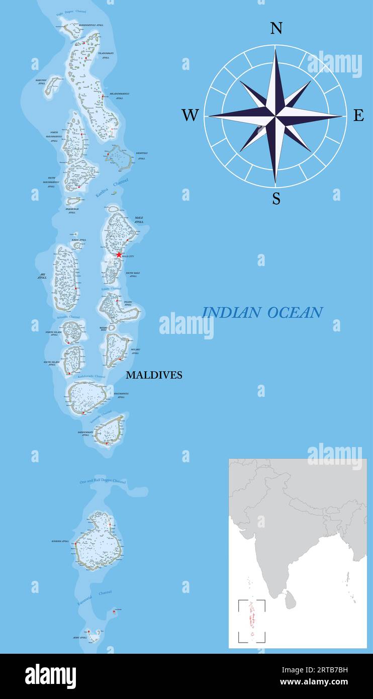 Mappa fisica altamente dettagliata delle isole Maldive in formato vettoriale, con tutte le forme di rilievo, le regioni e le grandi città. Illustrazione Vettoriale