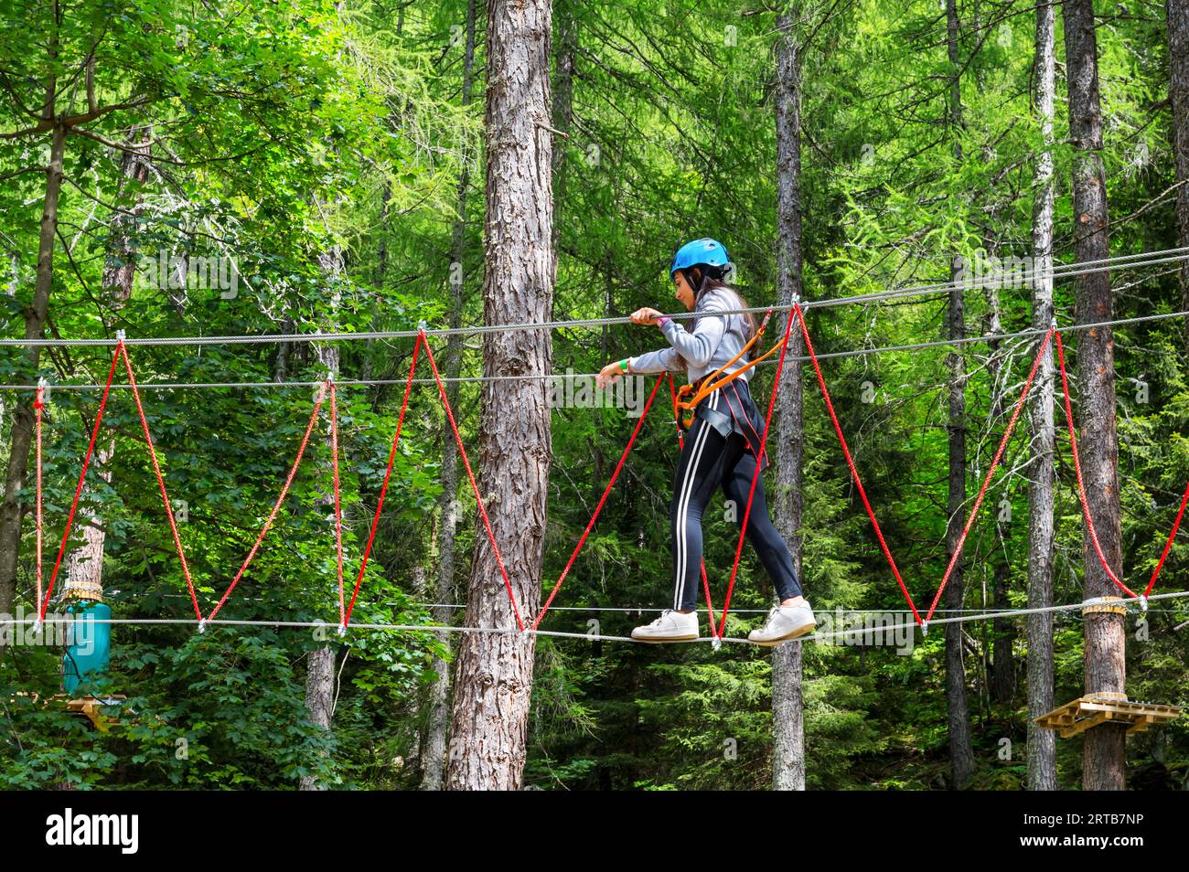 Vista laterale di una giovane donna con il casco che guarda verso il basso mentre cammina sulla corda sospesa e con cavi di sicurezza collegati nella foresta verde durante il giorno Foto Stock