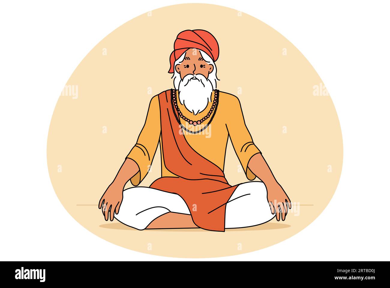 Vecchio uomo in abiti tradizionali seduto in posizione lotus meditating. Yoga maschile anziano pratica yoga. Cultura e tradizione. Illustrazione vettoriale. Illustrazione Vettoriale
