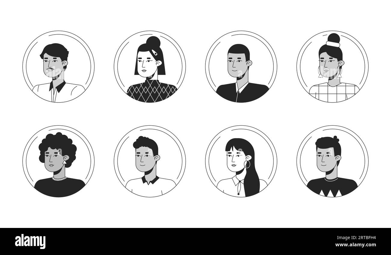 Set di icone avatar dei cartoni animati in bianco e nero per multinazionali Illustrazione Vettoriale