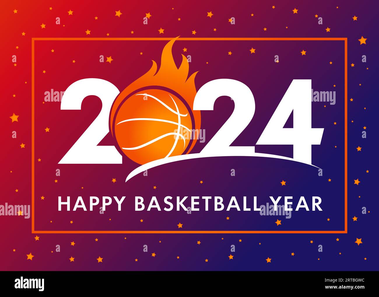 Felice anno di basket 2024. Simbolo dello sport con palla da basket in fiamme per il banner di Capodanno, il biglietto d'auguri o l'invito al torneo di Natale. Vettore Illustrazione Vettoriale