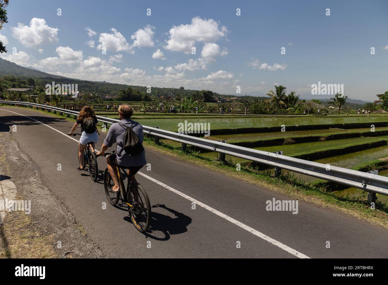 Due ciclisti che viaggiano lungo la strada vicino alle risaie di Jatiluwih, un sito patrimonio dell'umanità dell'UNESCO a Bali, Indonesia Foto Stock
