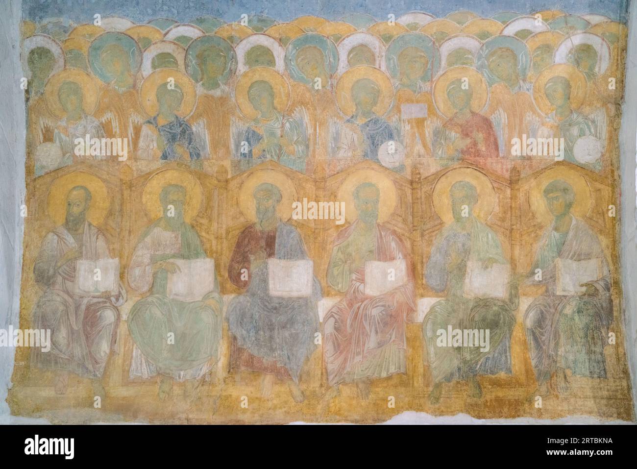 Affreschi del XII secolo del giudizio universale all'interno di San Cattedrale di Demetrus a Vladimir, in Russia Foto Stock