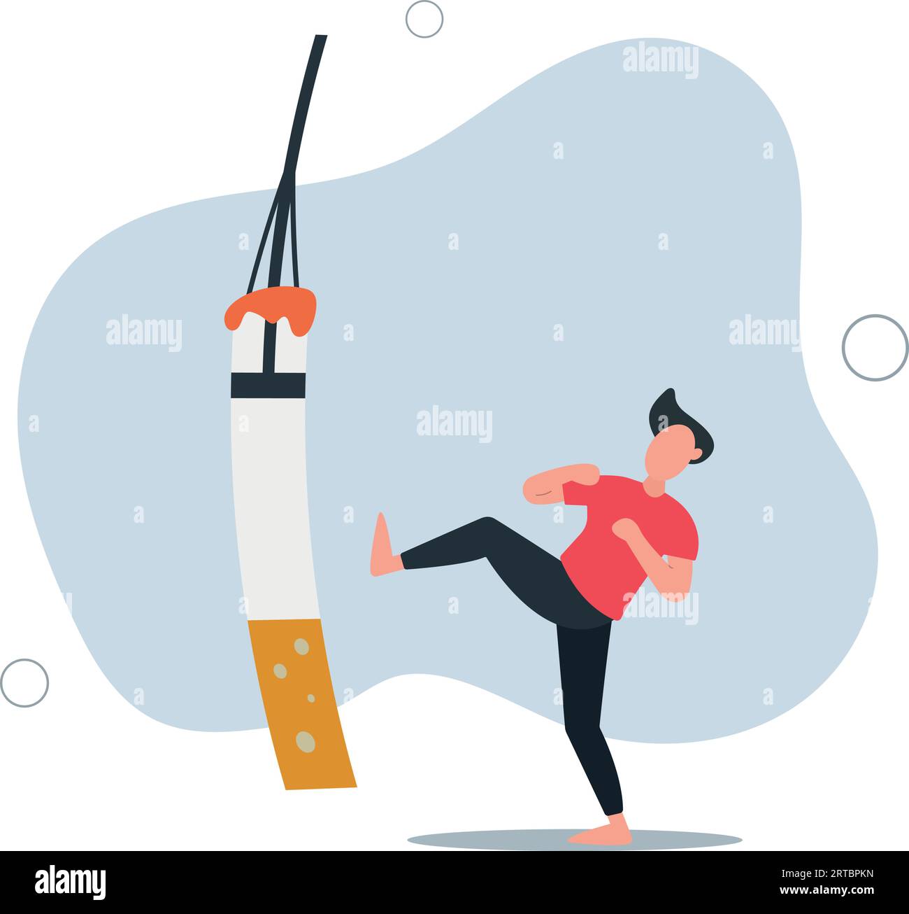 L'uomo che calza il sacchetto di sabbia della boxe definisce l'uomo che lotta per smettere di fumare. Smettere di fumare poster per l'avvertimento di malattia.illustrazione vettoriale piatta. Illustrazione Vettoriale