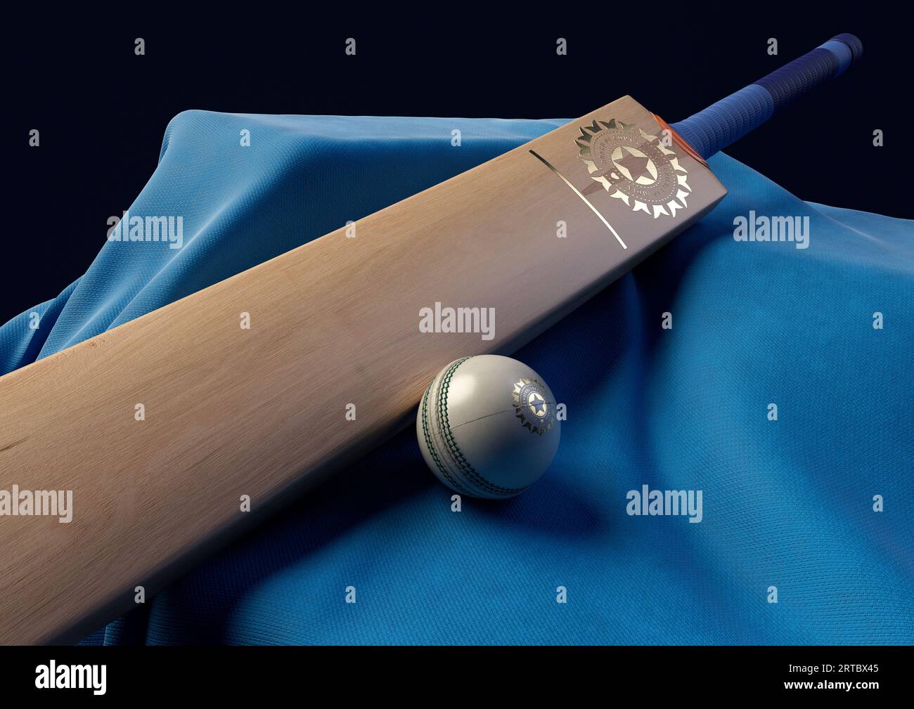 12 settembre 2023 - Bristol, Regno Unito: Una rappresentazione in 3D di una palla da cricket e una mazza impressa con un logo di cricket indiano dorato appoggiato su un blu drappeggiato Foto Stock