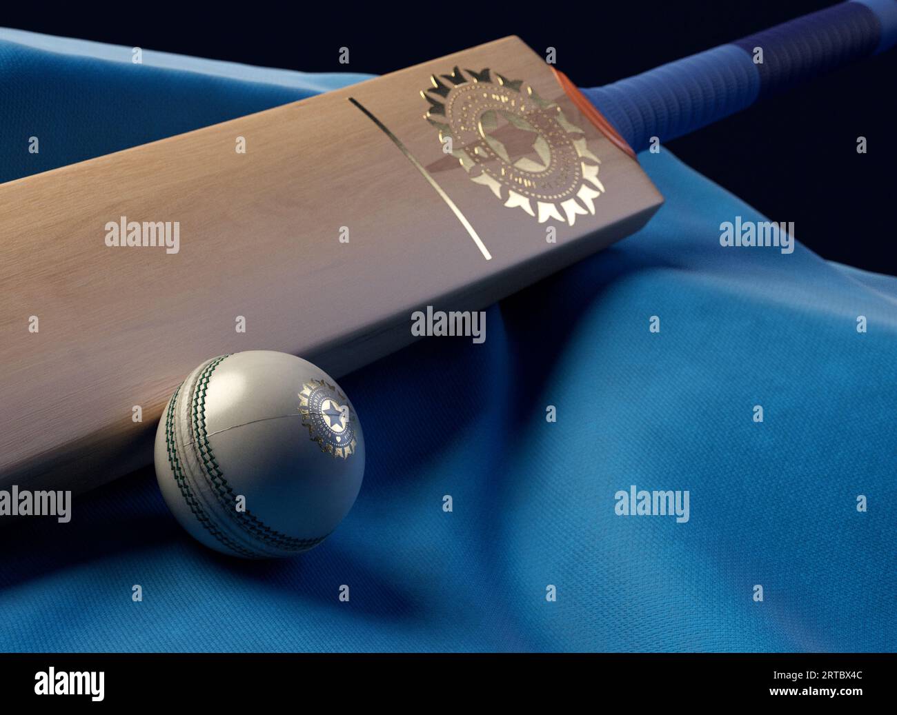 12 settembre 2023 - Bristol, Regno Unito: Una rappresentazione in 3D di una palla da cricket e una mazza impressa con un logo di cricket indiano dorato appoggiato su un blu drappeggiato Foto Stock