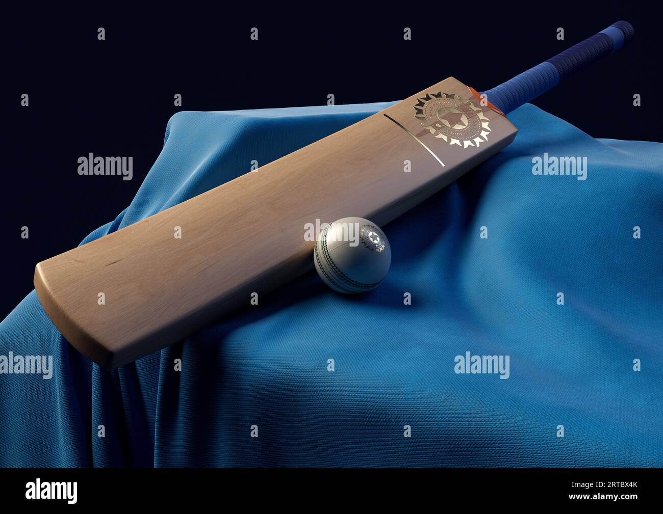 12 settembre 2023 - Bristol, Regno Unito: Una rappresentazione in 3D di una palla da cricket e una mazza impressa con un logo di cricket indiano dorato appoggiato su un blu drappeggiato Foto Stock