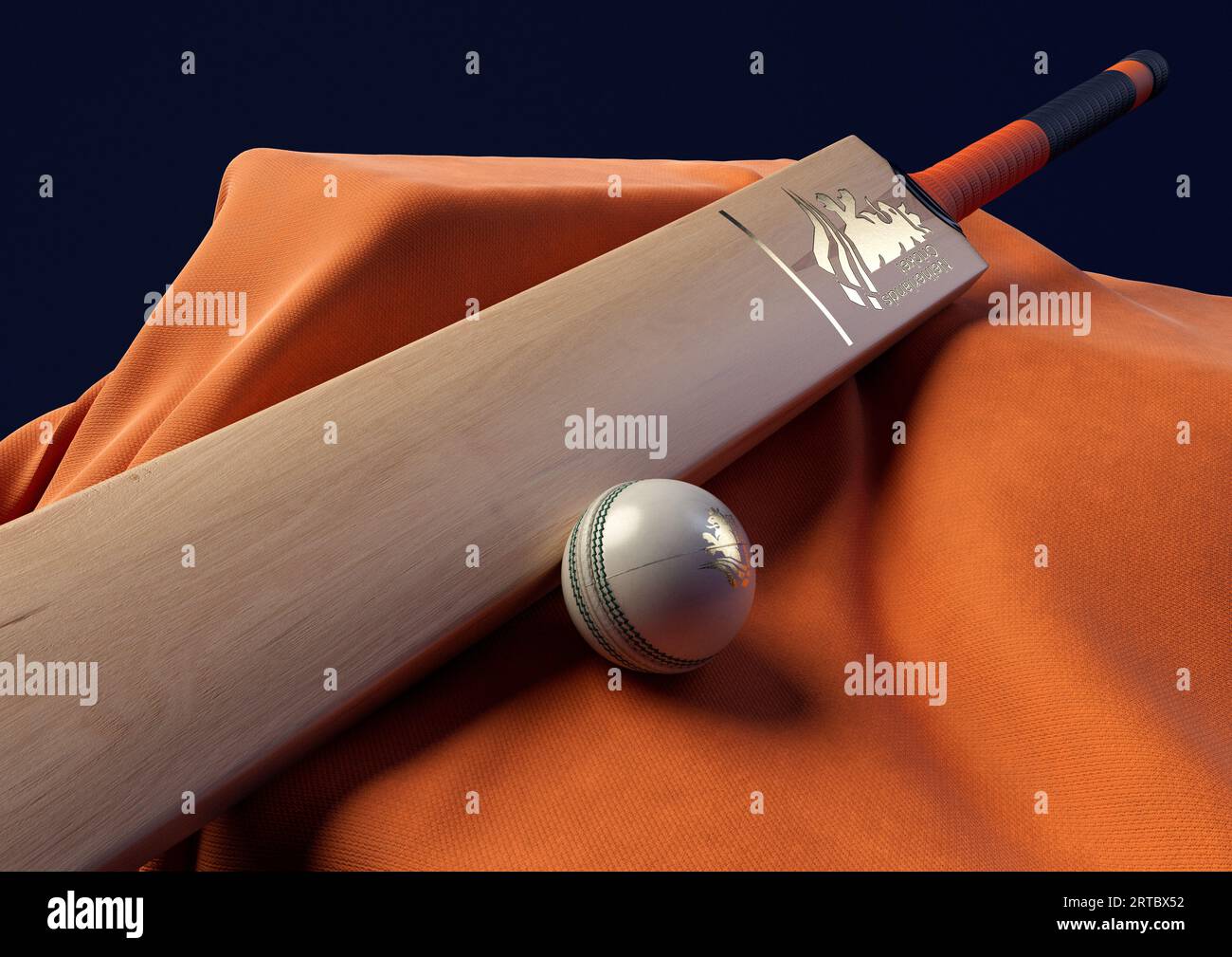 12 settembre 2023 - Bristol, Regno Unito: Una rappresentazione in 3D di una palla da cricket e di una mazza impressa con un logo di cricket olandese dorato appoggiato su un drappello Foto Stock
