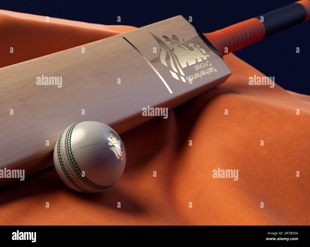 12 settembre 2023 - Bristol, Regno Unito: Una rappresentazione in 3D di una palla da cricket e di una mazza impressa con un logo di cricket olandese dorato appoggiato su un drappello Foto Stock