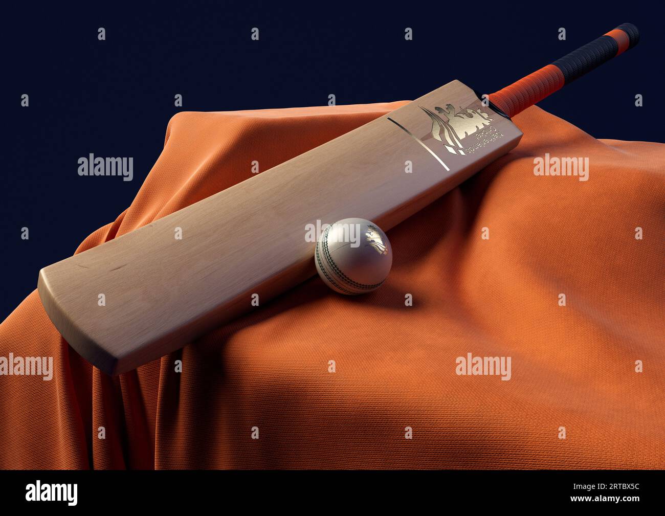 12 settembre 2023 - Bristol, Regno Unito: Una rappresentazione in 3D di una palla da cricket e di una mazza impressa con un logo di cricket olandese dorato appoggiato su un drappello Foto Stock