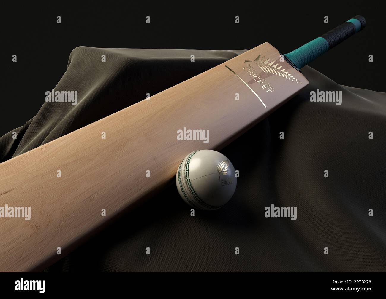 12 settembre 2023 - Bristol, Regno Unito: Una rappresentazione in 3D di una palla da cricket e di una mazza impressa con un logo dorato del cricket neozelandese appoggiato su un drappello Foto Stock