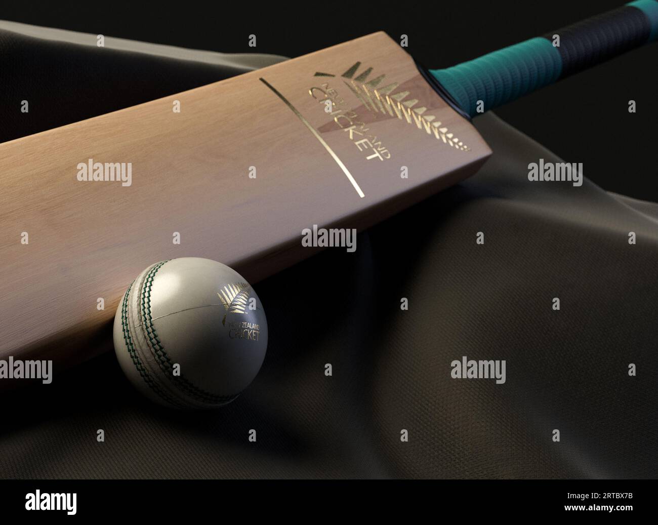 12 settembre 2023 - Bristol, Regno Unito: Una rappresentazione in 3D di una palla da cricket e di una mazza impressa con un logo dorato del cricket neozelandese appoggiato su un drappello Foto Stock