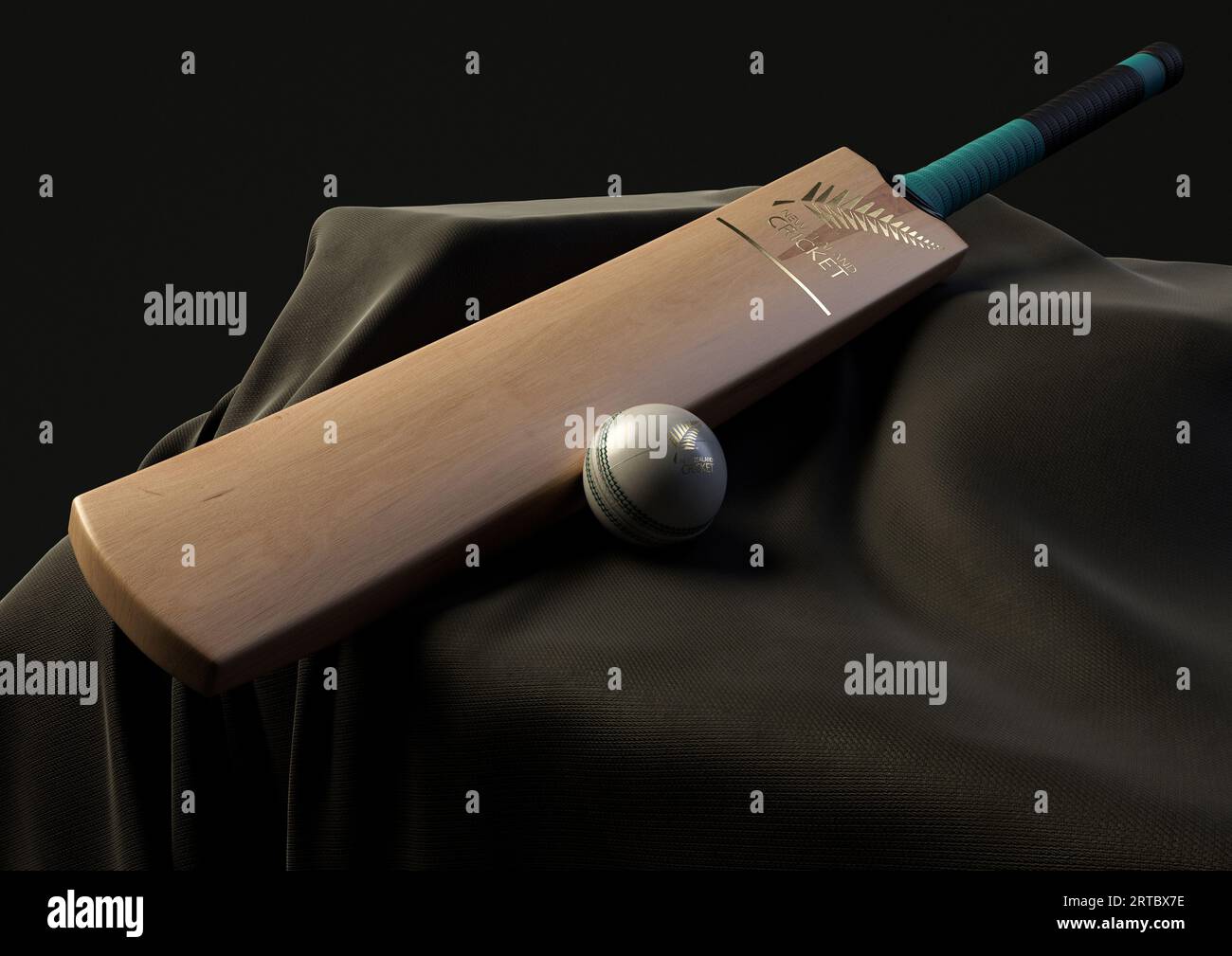 12 settembre 2023 - Bristol, Regno Unito: Una rappresentazione in 3D di una palla da cricket e di una mazza impressa con un logo dorato del cricket neozelandese appoggiato su un drappello Foto Stock