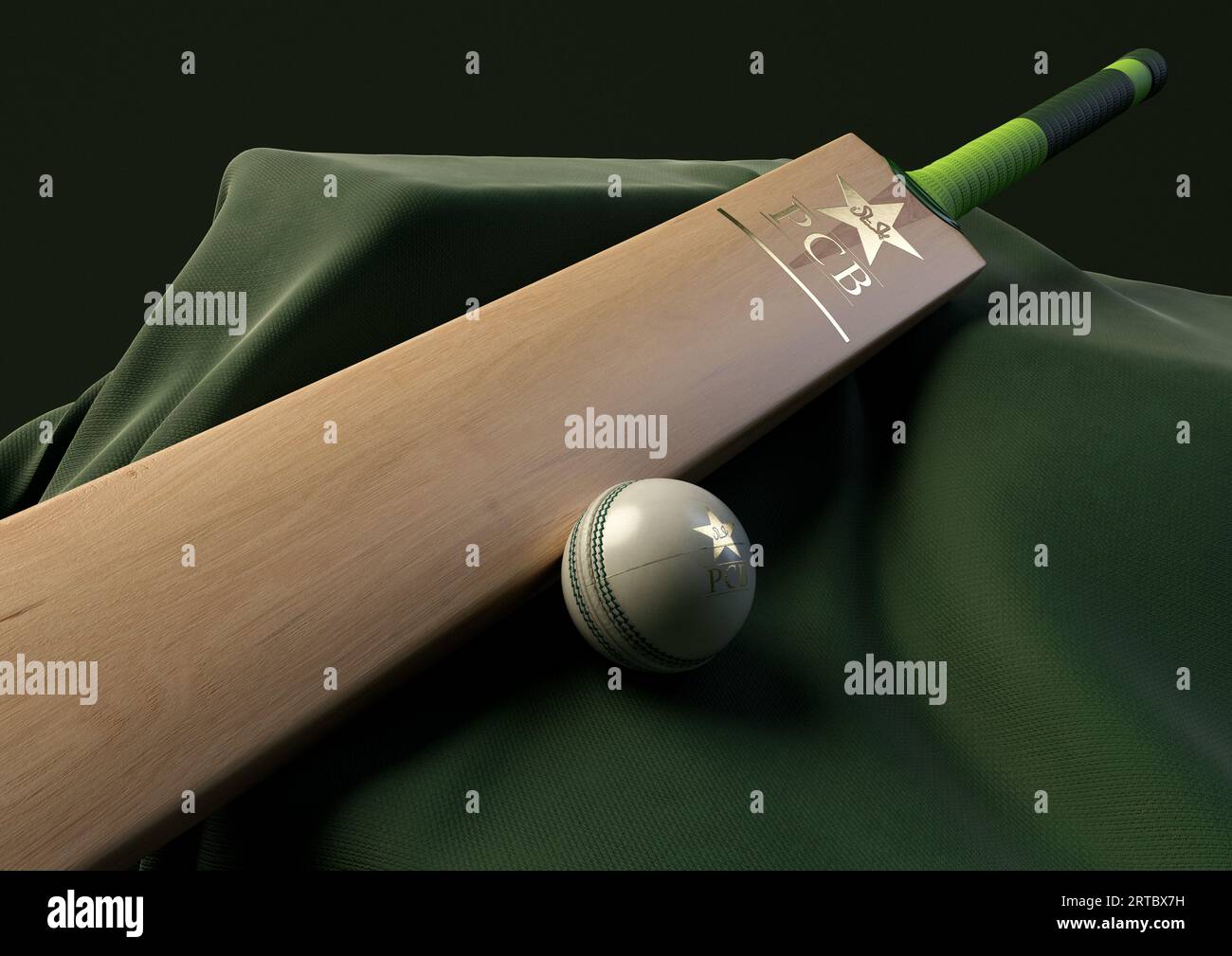 12 settembre 2023 - Bristol, Regno Unito: Una rappresentazione in 3D di una palla da cricket e pipistrello impressa con un logo di cricket pakistano dorato appoggiato su un gr Foto Stock