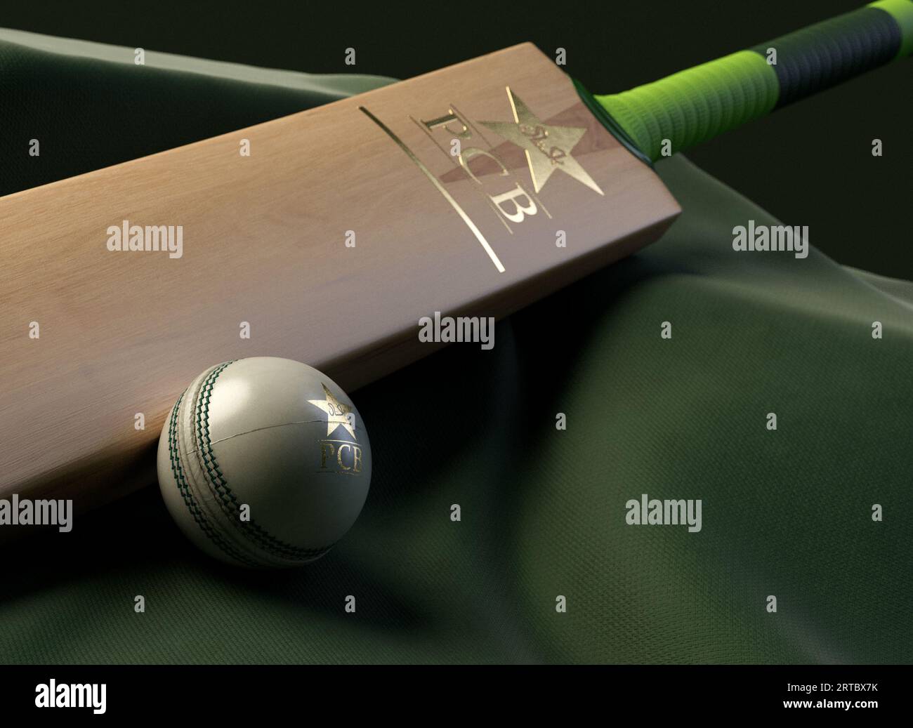 12 settembre 2023 - Bristol, Regno Unito: Una rappresentazione in 3D di una palla da cricket e pipistrello impressa con un logo di cricket pakistano dorato appoggiato su un gr Foto Stock