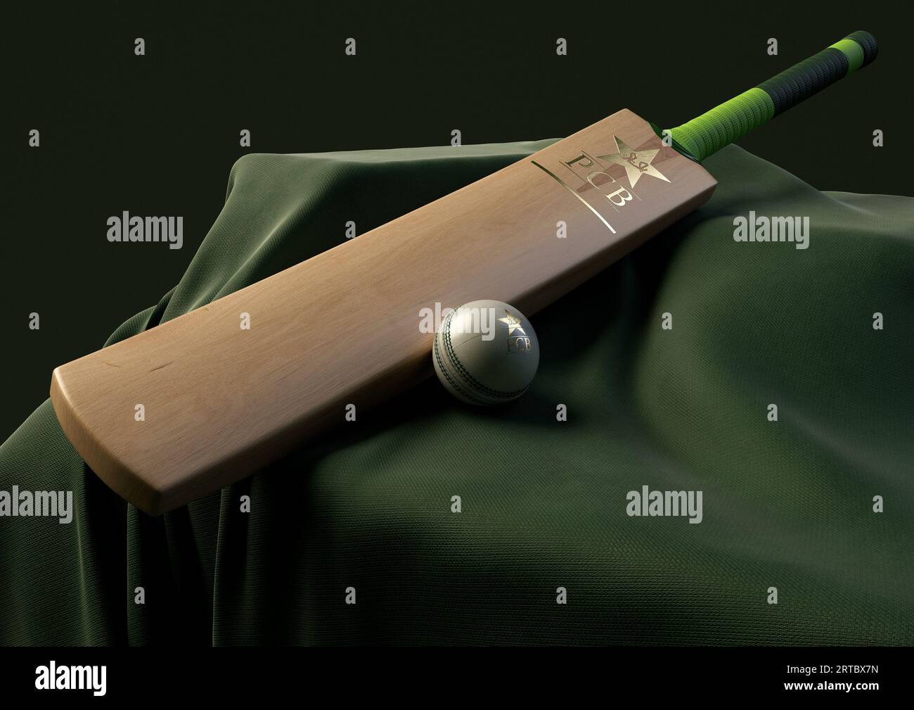 12 settembre 2023 - Bristol, Regno Unito: Una rappresentazione in 3D di una palla da cricket e pipistrello impressa con un logo di cricket pakistano dorato appoggiato su un gr Foto Stock