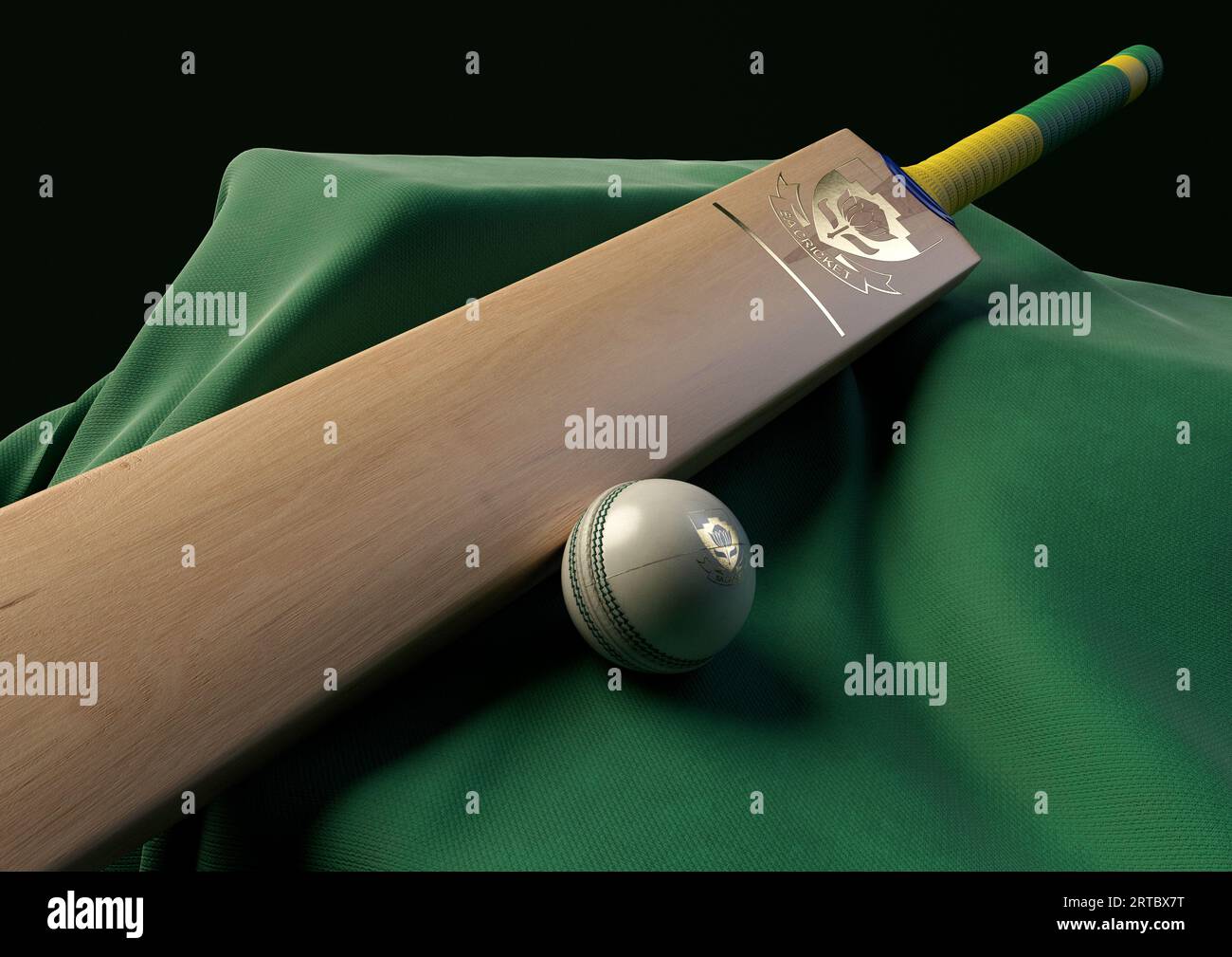 12 settembre 2023 - Bristol, Regno Unito: Una rappresentazione in 3D di una palla da cricket e di una mazza impressa con un logo di cricket sudafricano dorato appoggiato su un telo Foto Stock